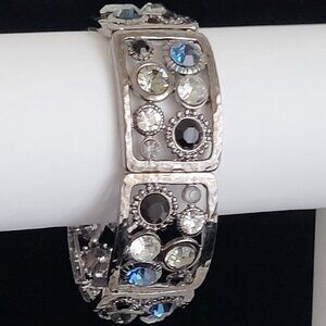 Hammer Dark Silver tone Link Bracelet Stretch Rhinestone Blue black clear 7/8" W